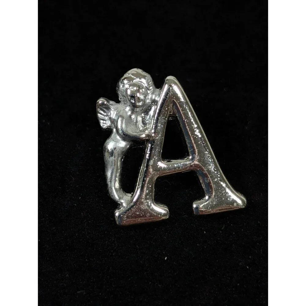 Vintage Silver Tone Initial Letter A‎ Angel Cherub Small Pin Brooch
